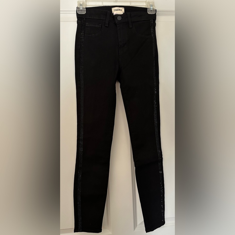 L’Agence Margot black on black rhinestone tuxedo stripe NWOT SIZE 24 - Picture 9 of 10